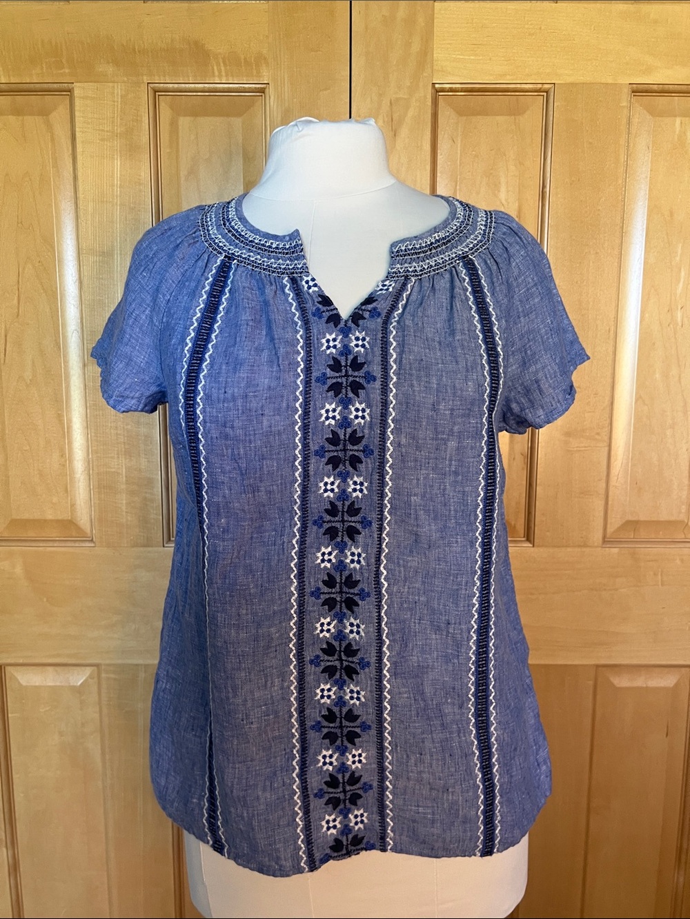 Talbots Blue Embroidered Split-Neck Peasant Top